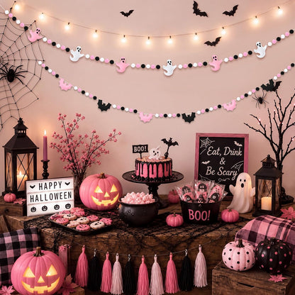 Thiccywoov 2 Pcs 8.2ft Pink Halloween Felt Garland, 3D Ghost Bat Ball Decor