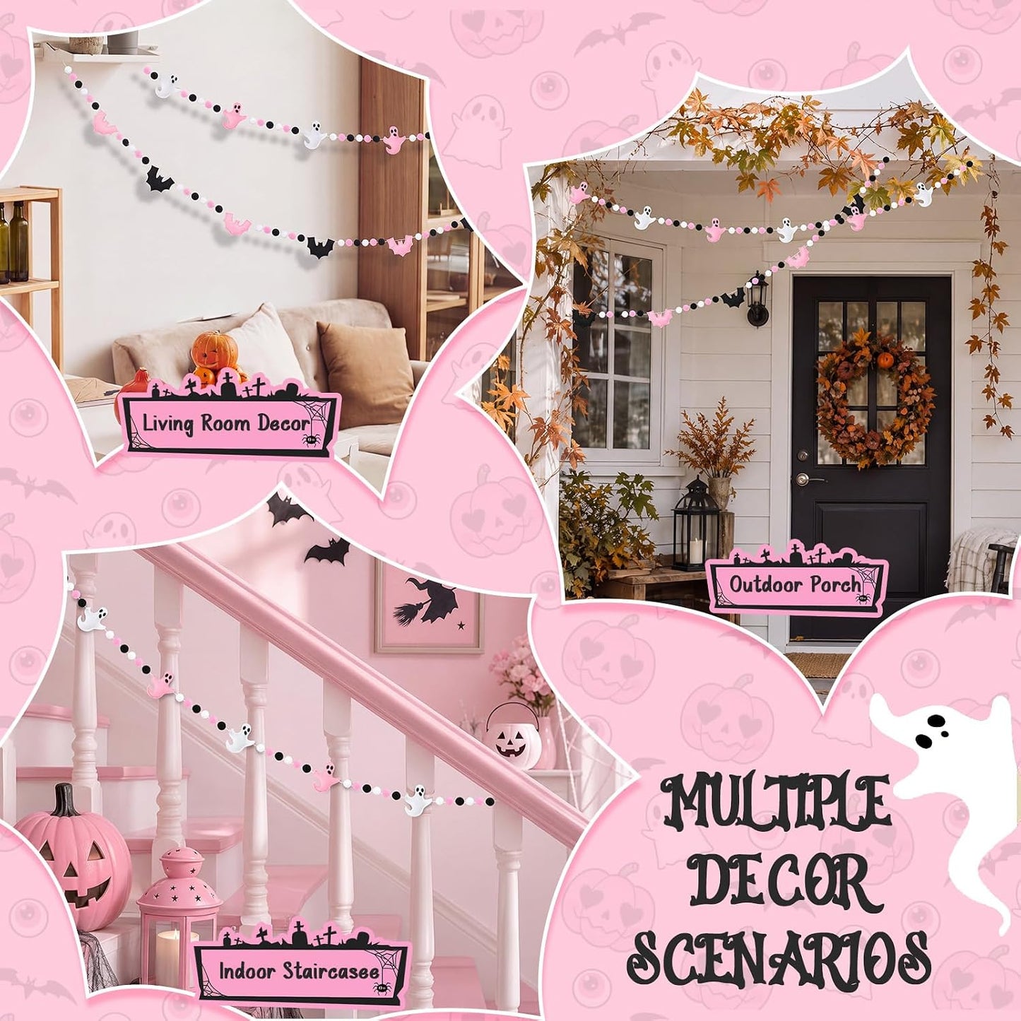 Thiccywoov 2 Pcs 8.2ft Pink Halloween Felt Garland, 3D Ghost Bat Ball Decor