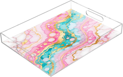 Pink Turquoise Marble Texture Serving Tray with Handles, 12x16 Inch Decorative Acrylic Tray Organizer, Multi-Purpose Sturdy Serving Platter for Coffee Table, Kitchen, Vanity, Nightstand