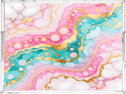 Pink Turquoise Marble Texture Serving Tray with Handles, 12x16 Inch Decorative Acrylic Tray Organizer, Multi-Purpose Sturdy Serving Platter for Coffee Table, Kitchen, Vanity, Nightstand