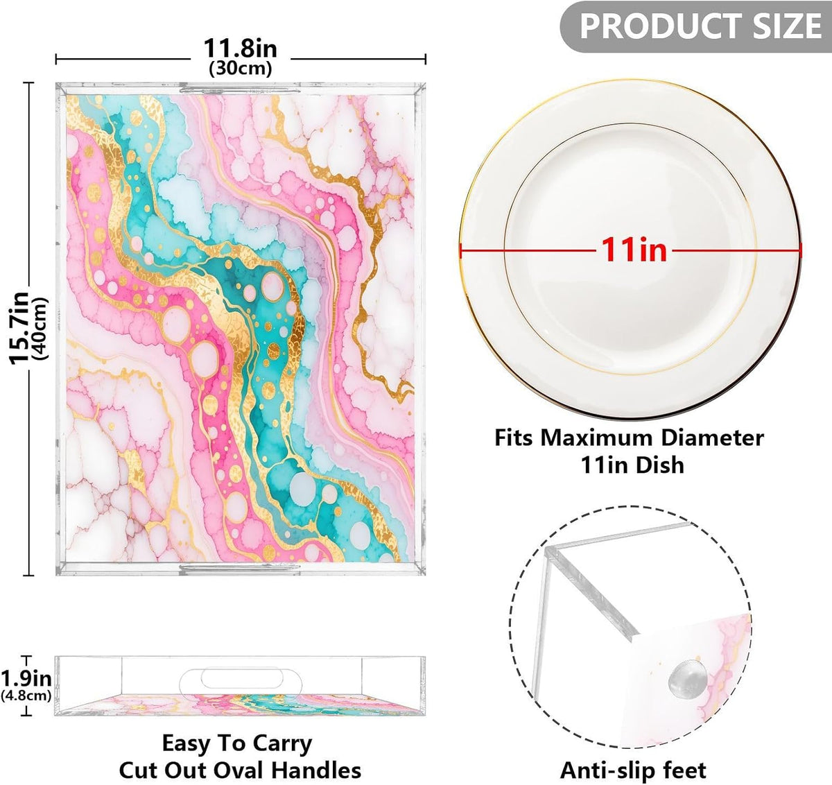 Pink Turquoise Marble Texture Serving Tray with Handles, 12x16 Inch Decorative Acrylic Tray Organizer, Multi-Purpose Sturdy Serving Platter for Coffee Table, Kitchen, Vanity, Nightstand
