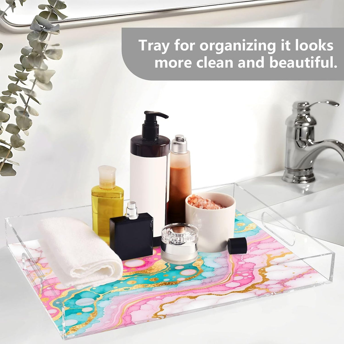Pink Turquoise Marble Texture Serving Tray with Handles, 12x16 Inch Decorative Acrylic Tray Organizer, Multi-Purpose Sturdy Serving Platter for Coffee Table, Kitchen, Vanity, Nightstand