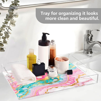 Pink Turquoise Marble Texture Serving Tray with Handles, 12x16 Inch Decorative Acrylic Tray Organizer, Multi-Purpose Sturdy Serving Platter for Coffee Table, Kitchen, Vanity, Nightstand