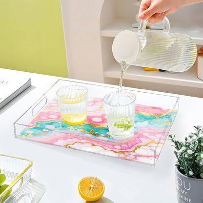 Pink Turquoise Marble Texture Serving Tray with Handles, 12x16 Inch Decorative Acrylic Tray Organizer, Multi-Purpose Sturdy Serving Platter for Coffee Table, Kitchen, Vanity, Nightstand