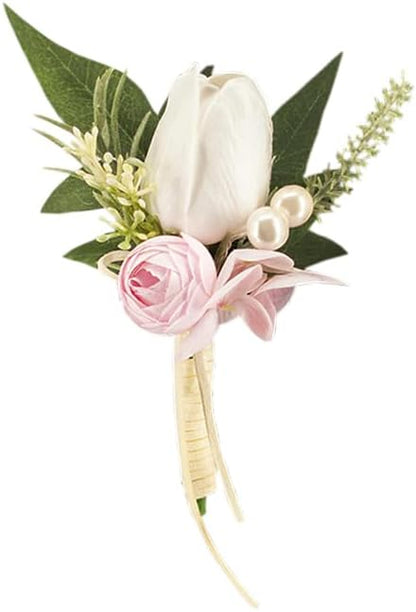 1 pc White Pink Tulip Rose Boutonniere for Men Wedding