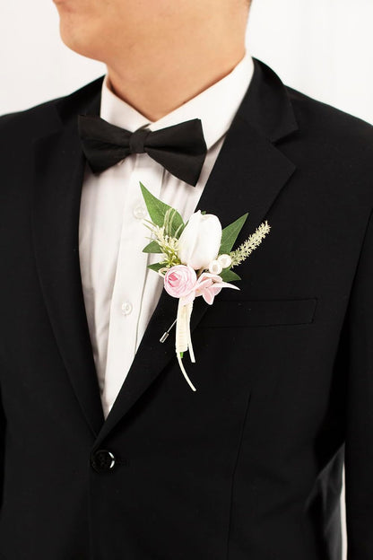1 pc White Pink Tulip Rose Boutonniere for Men Wedding