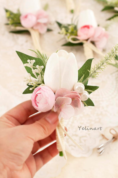 1 pc White Pink Tulip Rose Boutonniere for Men Wedding