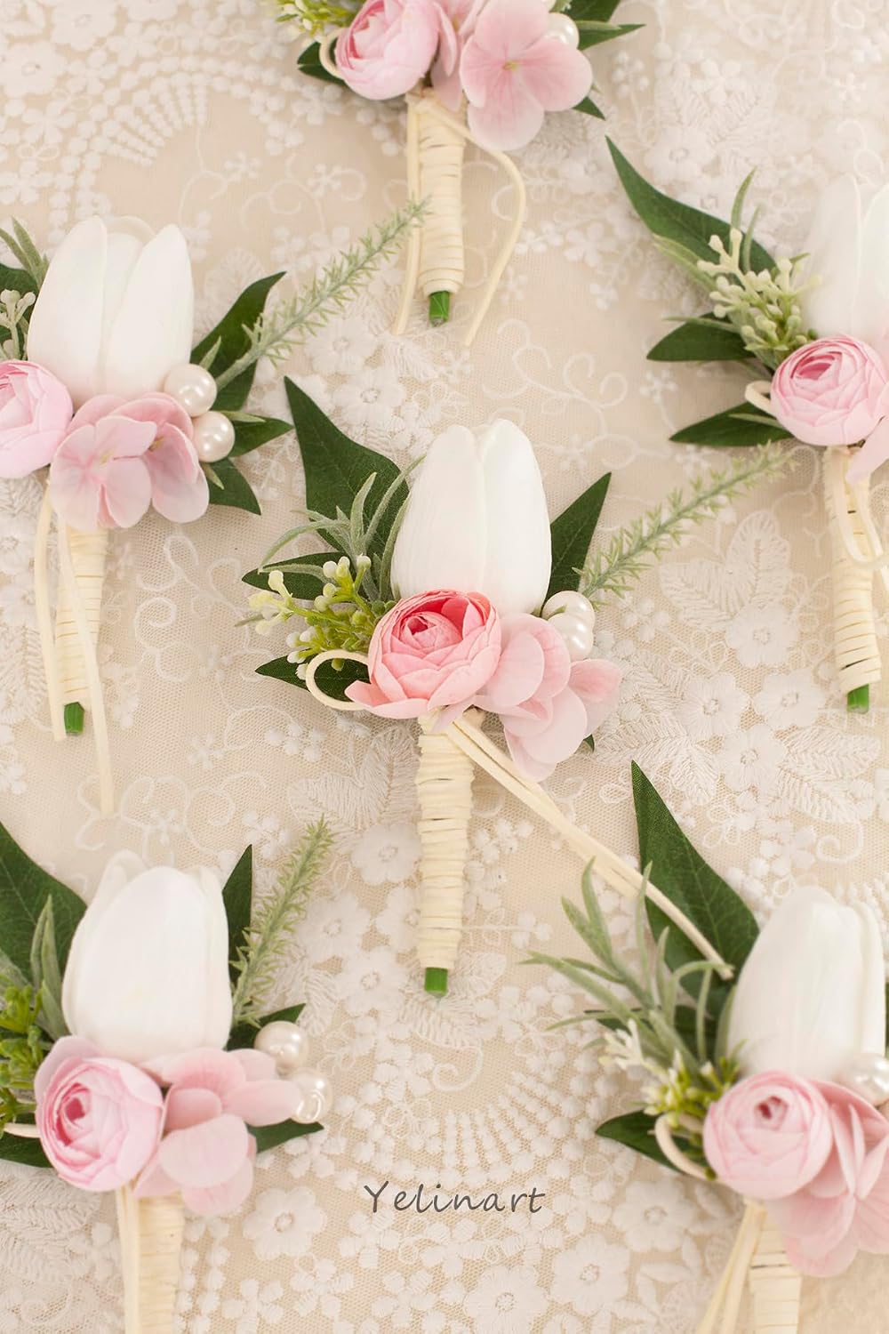 1 pc White Pink Tulip Rose Boutonniere for Men Wedding