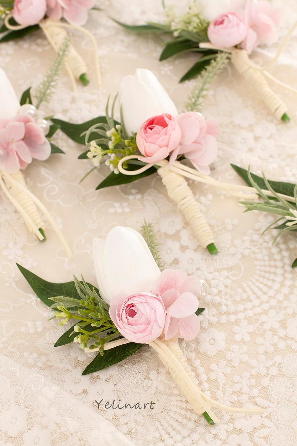 1 pc White Pink Tulip Rose Boutonniere for Men Wedding