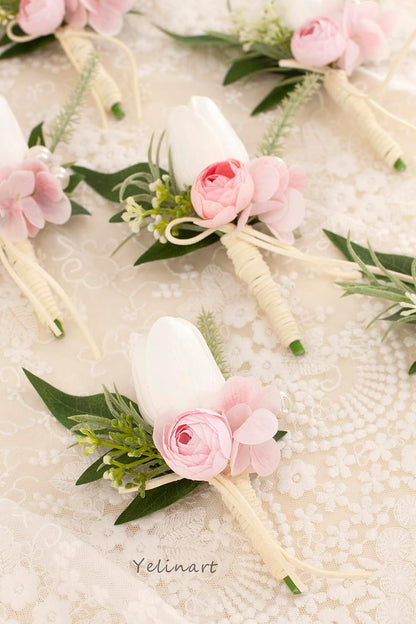 1 pc White Pink Tulip Rose Boutonniere for Men Wedding