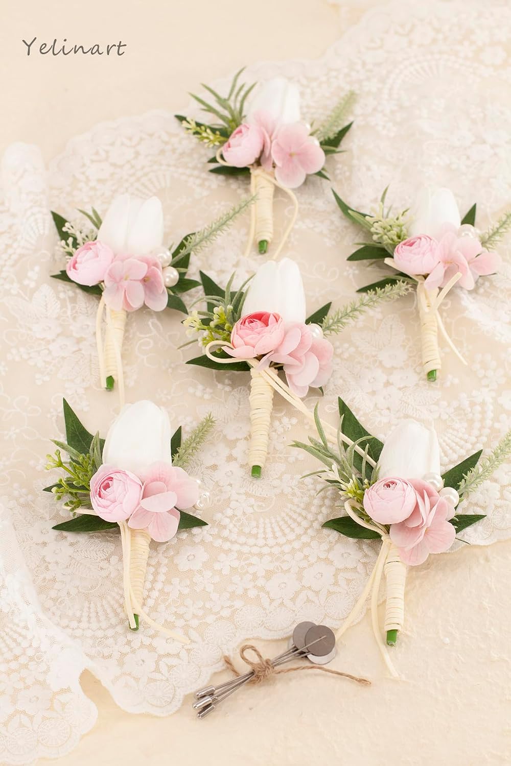 1 pc White Pink Tulip Rose Boutonniere for Men Wedding
