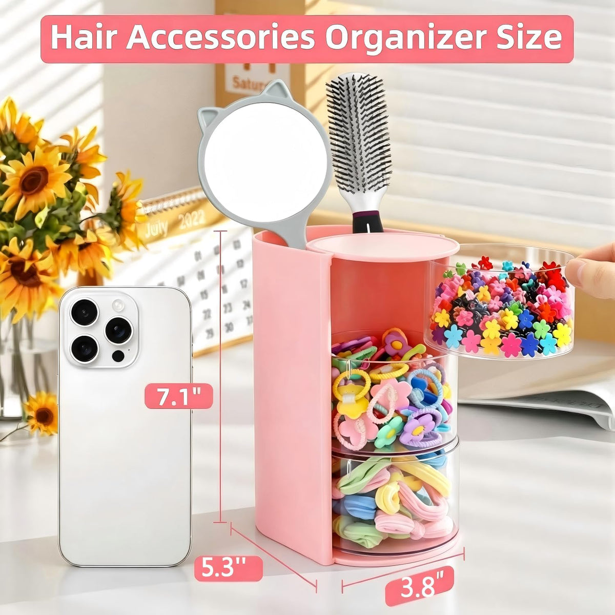 Hair Accessories Organizer With Hair Brush Holder, Pink, 3-Layer