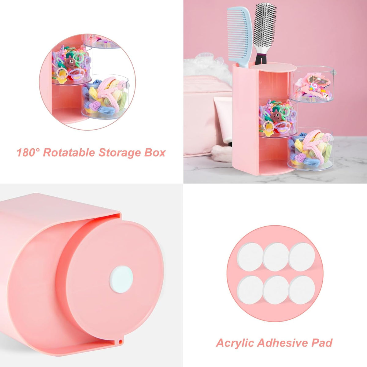 Hair Accessories Organizer With Hair Brush Holder, Pink, 3-Layer