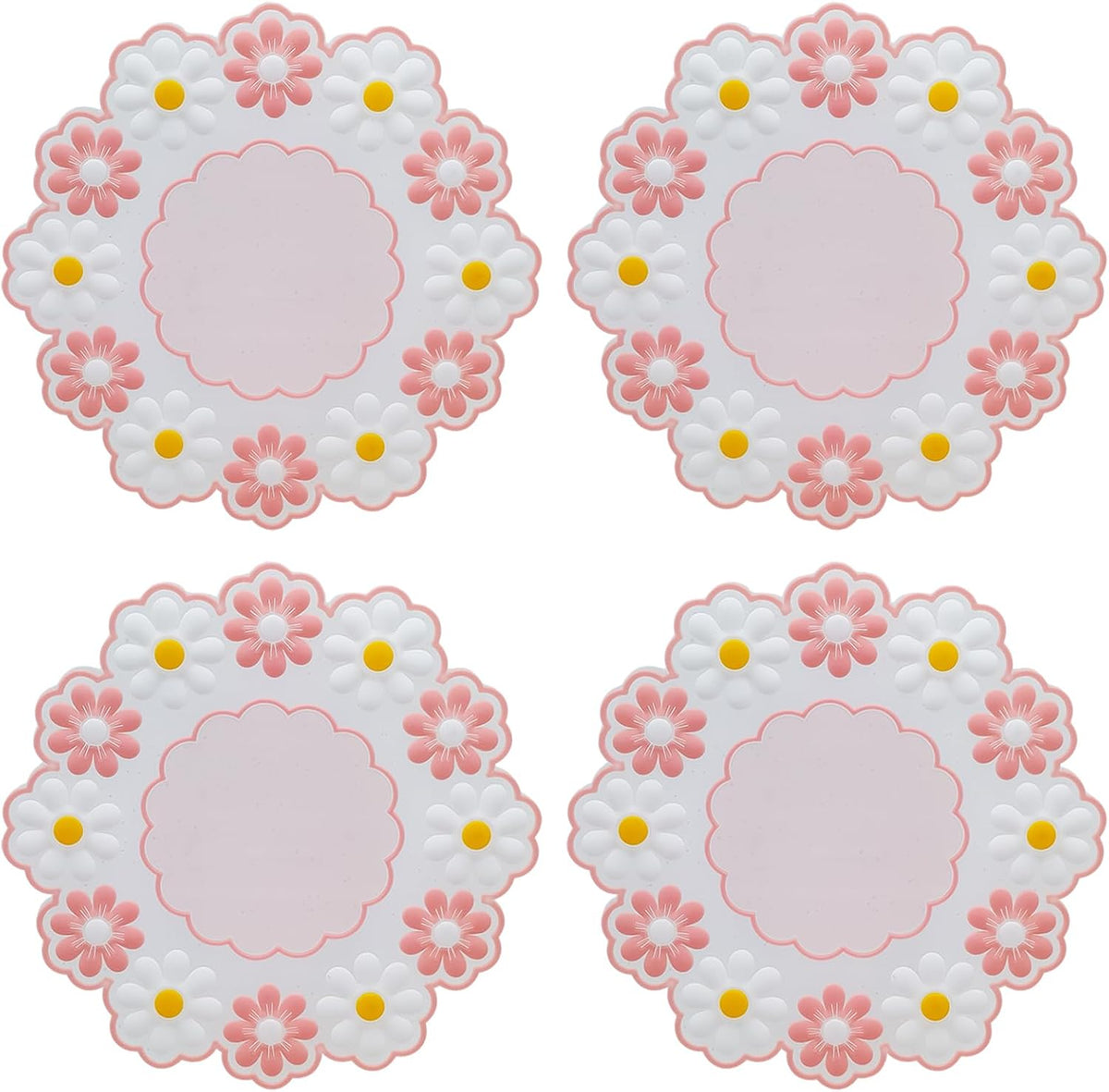 Coasters for Drinks, Cute Coaster for Coffee Table Set of 4 Non-Slip PVC Silicone Coasters for Tabletop Protection, Daisy Flower Pattern Heat Insulation Placemat (4 Pink)