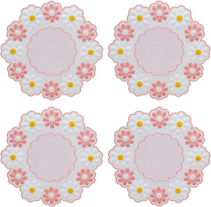 Coasters for Drinks, Cute Coaster for Coffee Table Set of 4 Non-Slip PVC Silicone Coasters for Tabletop Protection, Daisy Flower Pattern Heat Insulation Placemat (4 Pink)