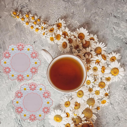 Coasters for Drinks, Cute Coaster for Coffee Table Set of 4 Non-Slip PVC Silicone Coasters for Tabletop Protection, Daisy Flower Pattern Heat Insulation Placemat (4 Pink)
