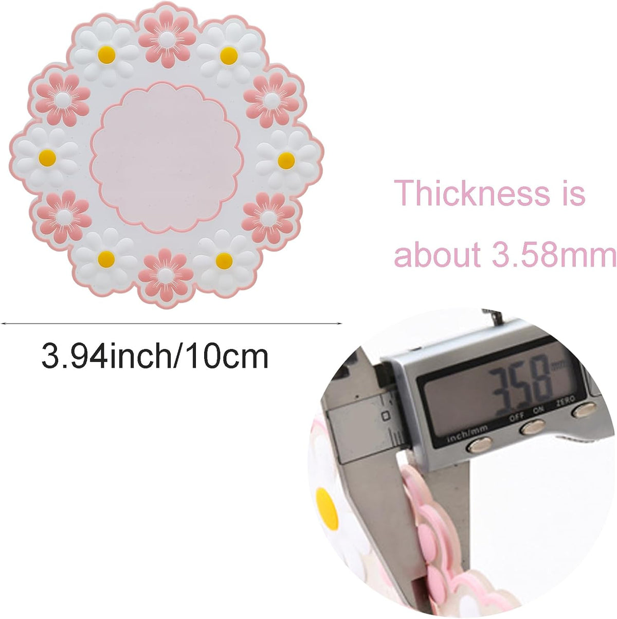 Coasters for Drinks, Cute Coaster for Coffee Table Set of 4 Non-Slip PVC Silicone Coasters for Tabletop Protection, Daisy Flower Pattern Heat Insulation Placemat (4 Pink)