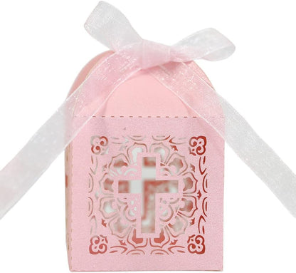 Katutude 50 Pcs Wedding Favor Candy Boxes Cross Hollow Paper Gift Boxes Chocolate Candy Gift Box with Ribbons for Bridal Shower Wedding Anniverary Birthday Party Decoration
