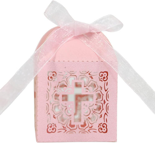 Katutude 50 Pcs Wedding Favor Candy Boxes Cross Hollow Paper Gift Boxes Chocolate Candy Gift Box with Ribbons for Bridal Shower Wedding Anniverary Birthday Party Decoration
