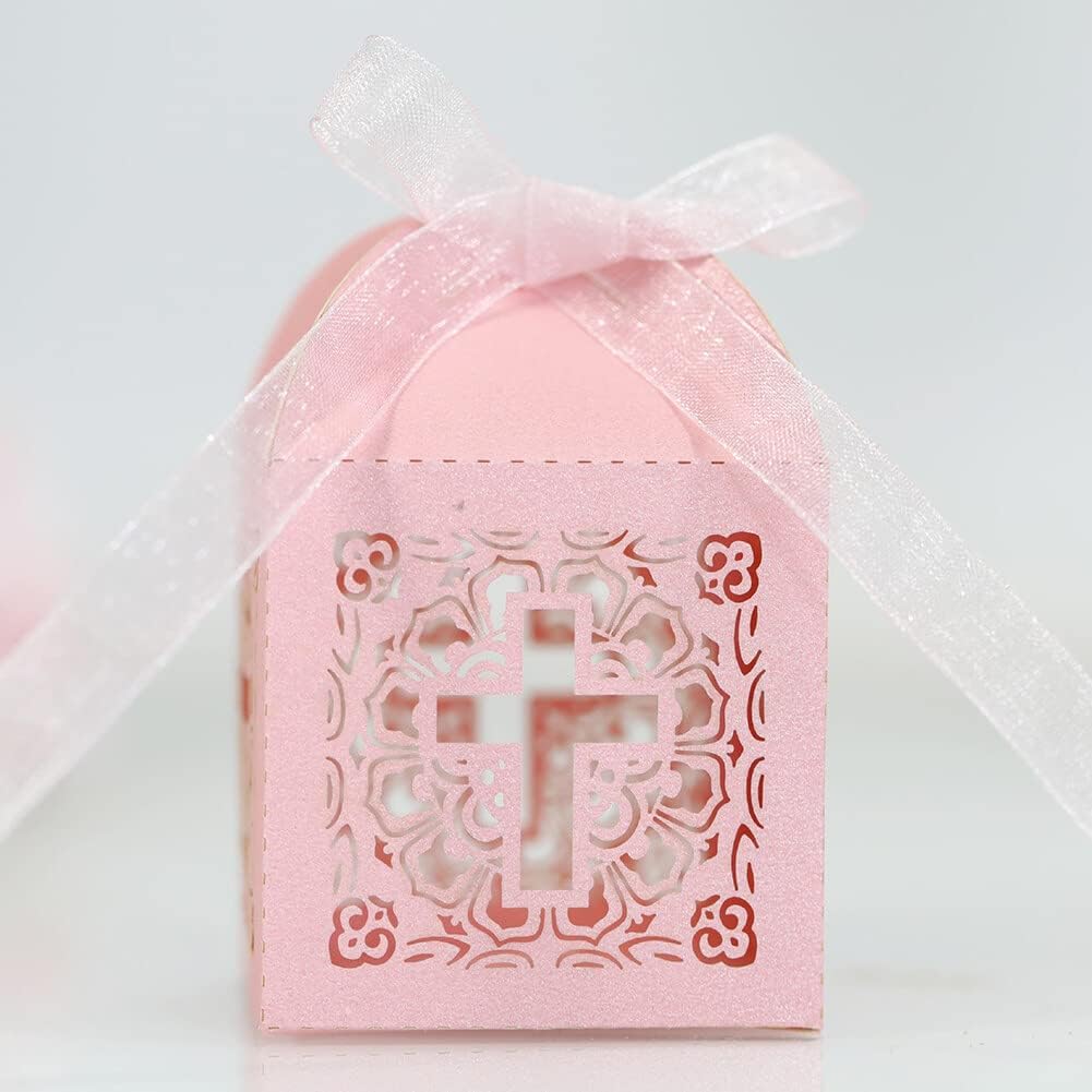 Katutude 50 Pcs Wedding Favor Candy Boxes Cross Hollow Paper Gift Boxes Chocolate Candy Gift Box with Ribbons for Bridal Shower Wedding Anniverary Birthday Party Decoration