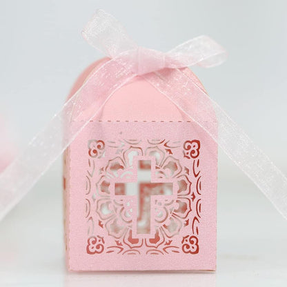 Katutude 50 Pcs Wedding Favor Candy Boxes Cross Hollow Paper Gift Boxes Chocolate Candy Gift Box with Ribbons for Bridal Shower Wedding Anniverary Birthday Party Decoration