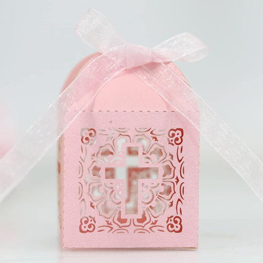 Katutude 50 Pcs Wedding Favor Candy Boxes Cross Hollow Paper Gift Boxes Chocolate Candy Gift Box with Ribbons for Bridal Shower Wedding Anniverary Birthday Party Decoration