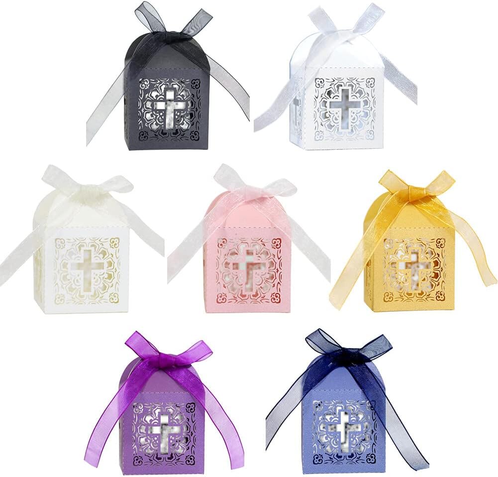 Katutude 50 Pcs Wedding Favor Candy Boxes Cross Hollow Paper Gift Boxes Chocolate Candy Gift Box with Ribbons for Bridal Shower Wedding Anniverary Birthday Party Decoration
