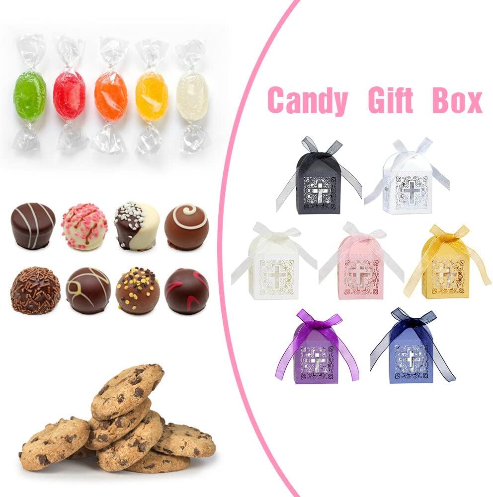 Katutude 50 Pcs Wedding Favor Candy Boxes Cross Hollow Paper Gift Boxes Chocolate Candy Gift Box with Ribbons for Bridal Shower Wedding Anniverary Birthday Party Decoration