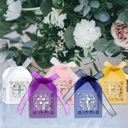 Katutude 50 Pcs Wedding Favor Candy Boxes Cross Hollow Paper Gift Boxes Chocolate Candy Gift Box with Ribbons for Bridal Shower Wedding Anniverary Birthday Party Decoration