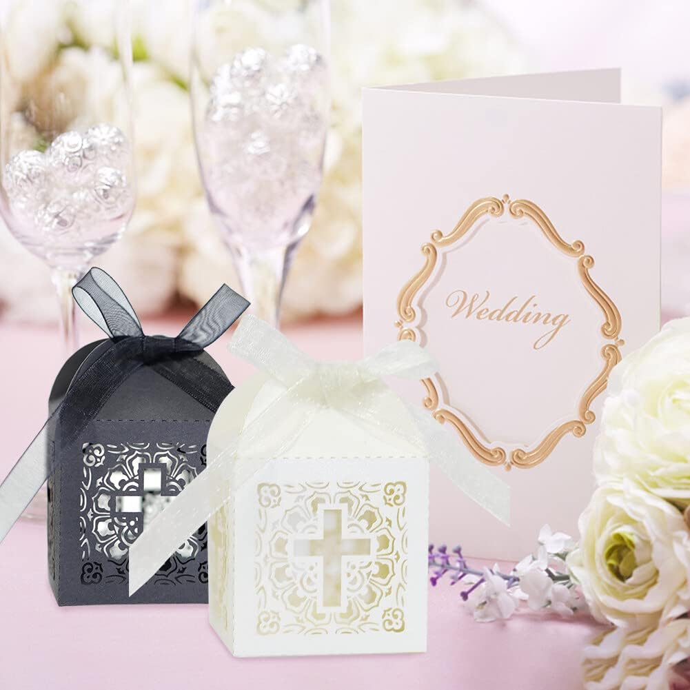 Katutude 50 Pcs Wedding Favor Candy Boxes Cross Hollow Paper Gift Boxes Chocolate Candy Gift Box with Ribbons for Bridal Shower Wedding Anniverary Birthday Party Decoration