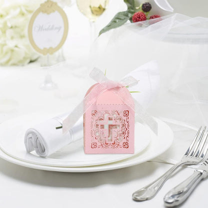 Katutude 50 Pcs Wedding Favor Candy Boxes Cross Hollow Paper Gift Boxes Chocolate Candy Gift Box with Ribbons for Bridal Shower Wedding Anniverary Birthday Party Decoration