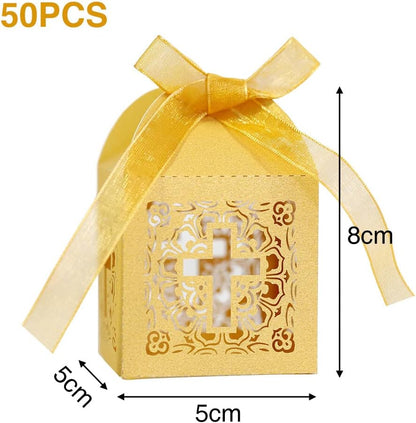 Katutude 50 Pcs Wedding Favor Candy Boxes Cross Hollow Paper Gift Boxes Chocolate Candy Gift Box with Ribbons for Bridal Shower Wedding Anniverary Birthday Party Decoration