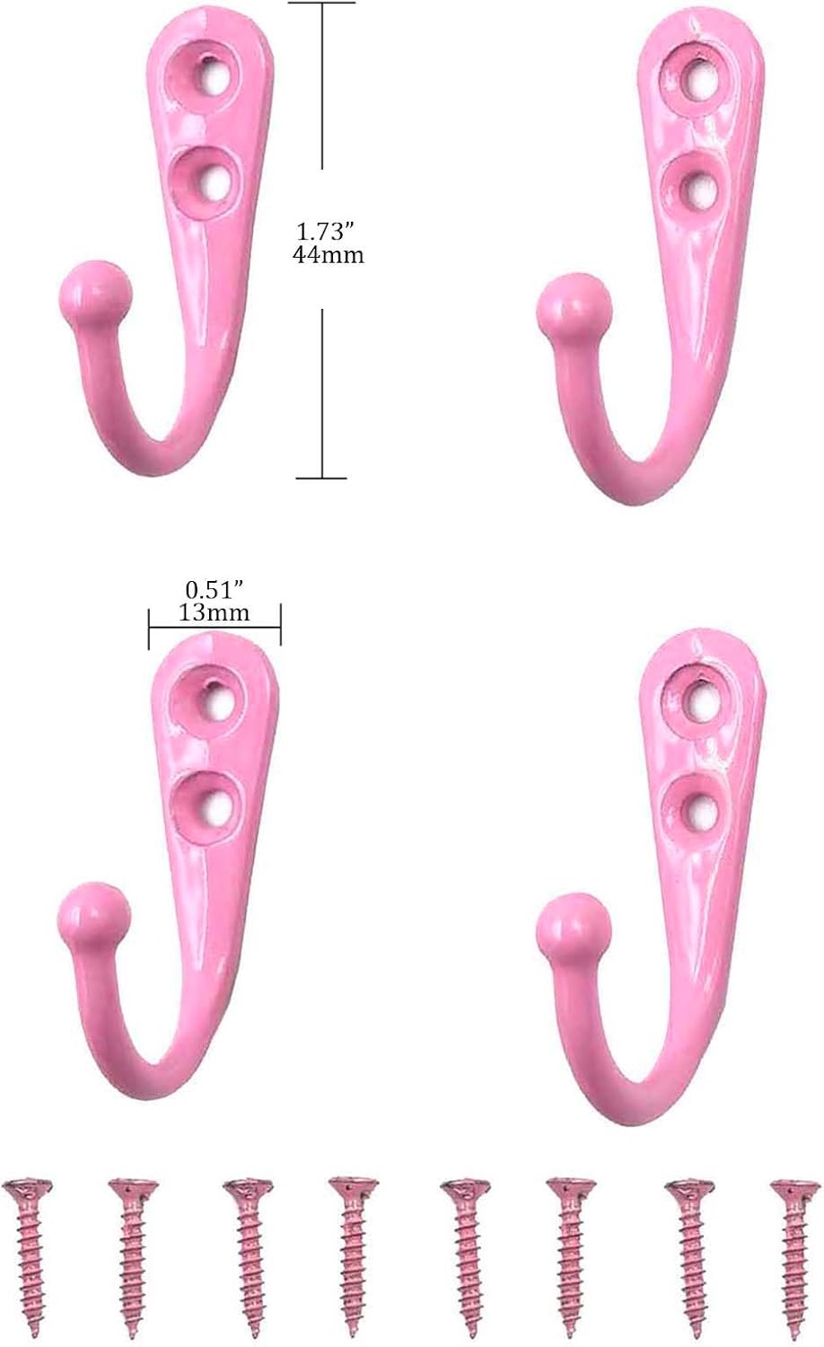 4 Pcs Wall Mounted Hooks for Bedroom,Bathroom,Kitchen,and Cabinet Hangers (with 8 Screws)-Pink