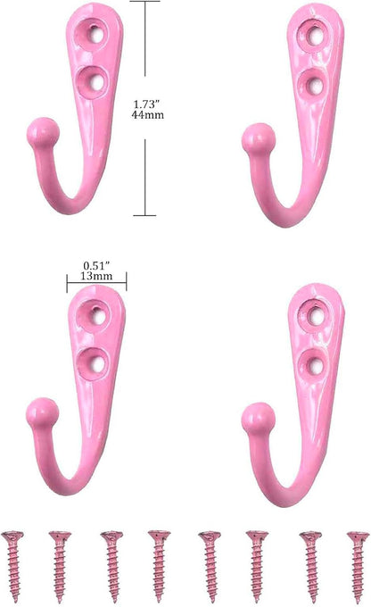 4 Pcs Wall Mounted Hooks for Bedroom,Bathroom,Kitchen,and Cabinet Hangers (with 8 Screws)-Pink