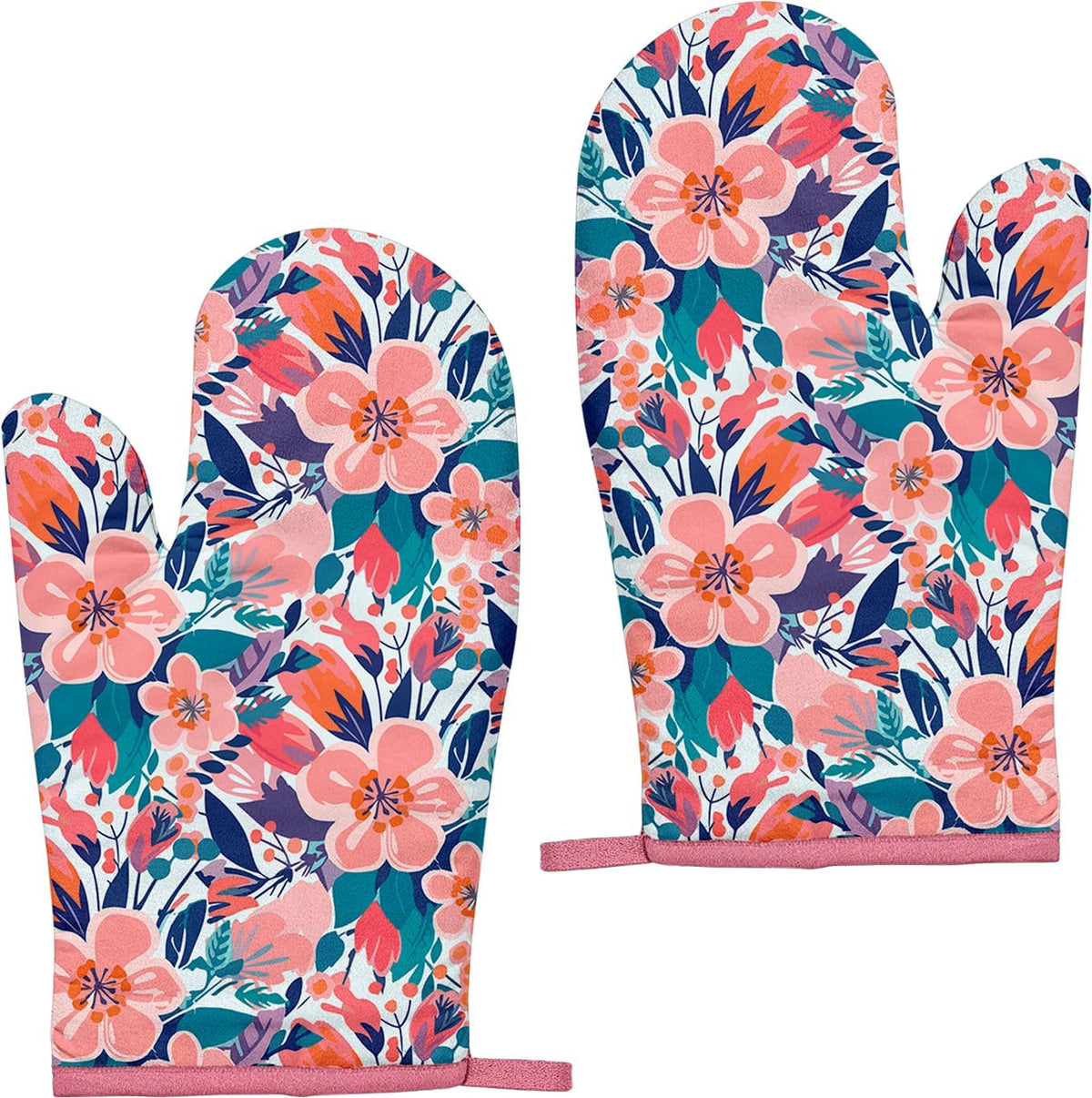 Pink Flowers Oven Mitts and Pot Holders Sets, Heat Resistant Kitchen Gloves Hot Pads