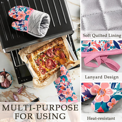 Pink Flowers Oven Mitts and Pot Holders Sets, Heat Resistant Kitchen Gloves Hot Pads