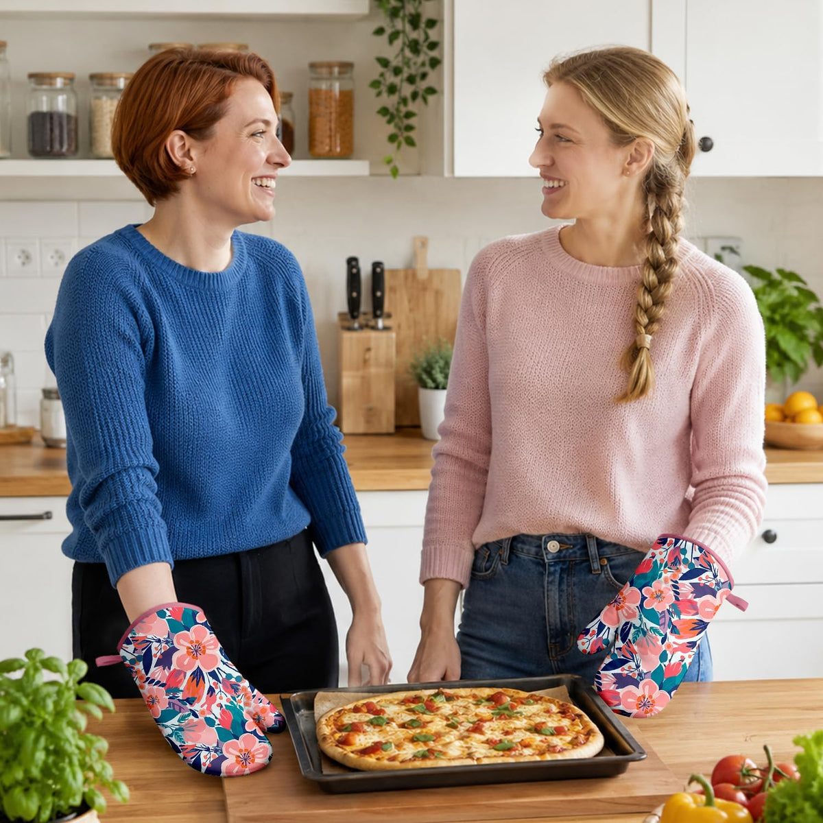 Pink Flowers Oven Mitts and Pot Holders Sets, Heat Resistant Kitchen Gloves Hot Pads