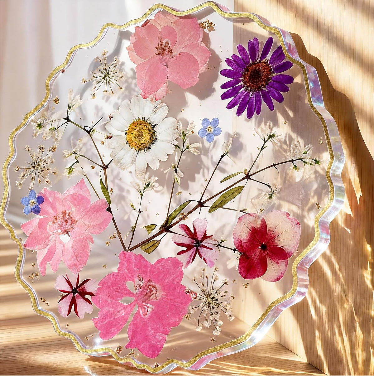 Resin Drink Coaster for Desk Coffee Table-Pink White Cute Dried Flowers Cup Coaster for Work Office Home Outdoor Decor Gifts for Girls Women,1 Pcs Wave