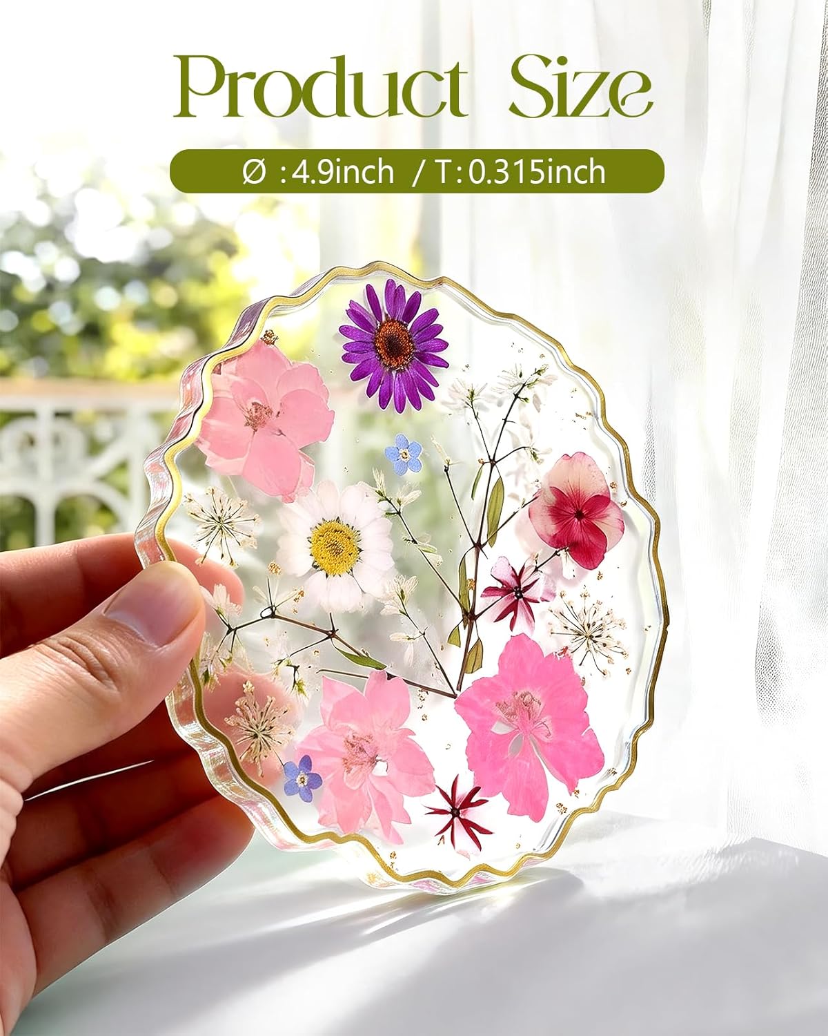 Resin Drink Coaster for Desk Coffee Table-Pink White Cute Dried Flowers Cup Coaster for Work Office Home Outdoor Decor Gifts for Girls Women,1 Pcs Wave