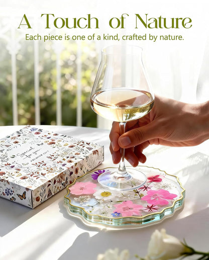 Resin Drink Coaster for Desk Coffee Table-Pink White Cute Dried Flowers Cup Coaster for Work Office Home Outdoor Decor Gifts for Girls Women,1 Pcs Wave