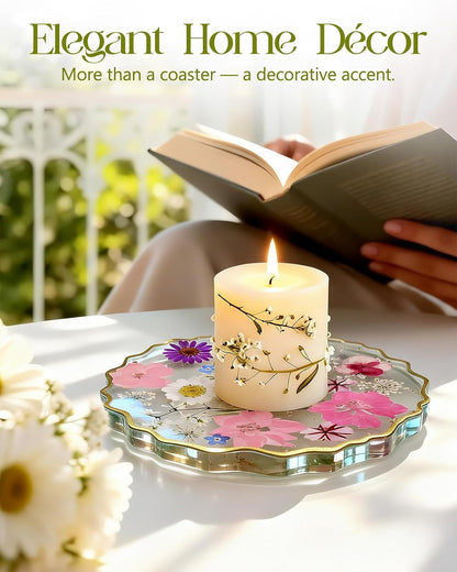 Resin Drink Coaster for Desk Coffee Table-Pink White Cute Dried Flowers Cup Coaster for Work Office Home Outdoor Decor Gifts for Girls Women,1 Pcs Wave