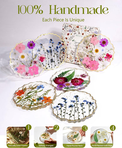 Resin Drink Coaster for Desk Coffee Table-Pink White Cute Dried Flowers Cup Coaster for Work Office Home Outdoor Decor Gifts for Girls Women,1 Pcs Wave