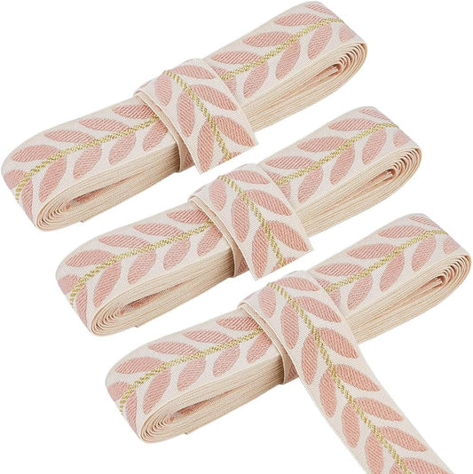 3 Rolls Pink Jacquard Ribbon Leaf Curtain Trim for Sewing Making