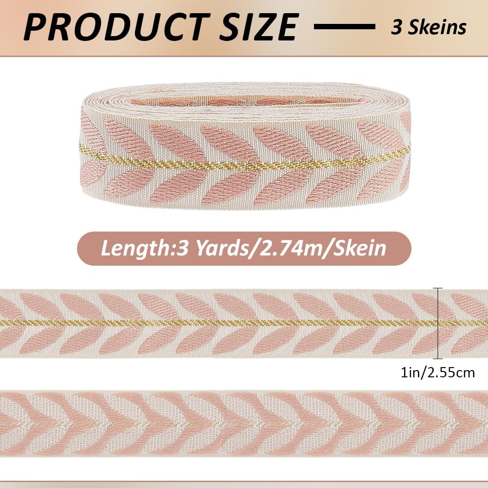 3 Rolls Pink Jacquard Ribbon Leaf Curtain Trim for Sewing Making