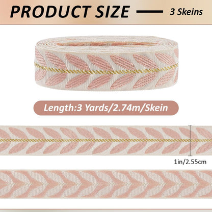 3 Rolls Pink Jacquard Ribbon Leaf Curtain Trim for Sewing Making
