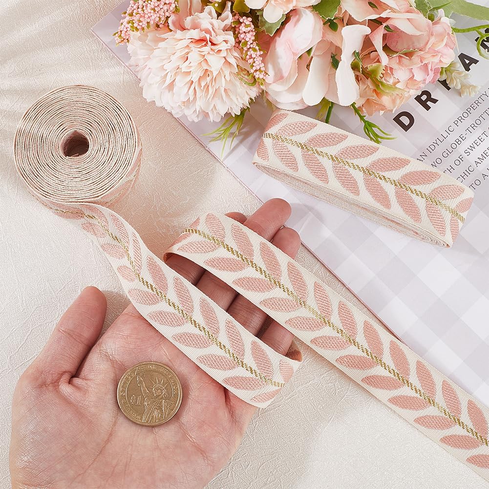 3 Rolls Pink Jacquard Ribbon Leaf Curtain Trim for Sewing Making