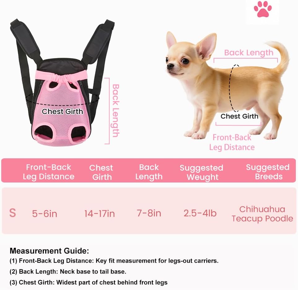 Dog Backpack Carrier/Cat Carrier, Adjustable Pet Front Carriers Travel Bag for Puppy Medium Dogs, Legs Out, Soft Ventilated Doggie Chest Carry Backpacks for Hiking/Camping, 2.5-4 lbs, Pink