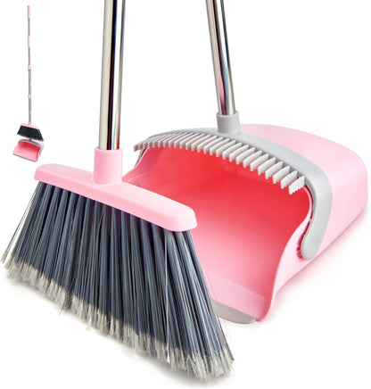 Broom and Dustpan Combo Set,51" Long Handle,Gray Pink