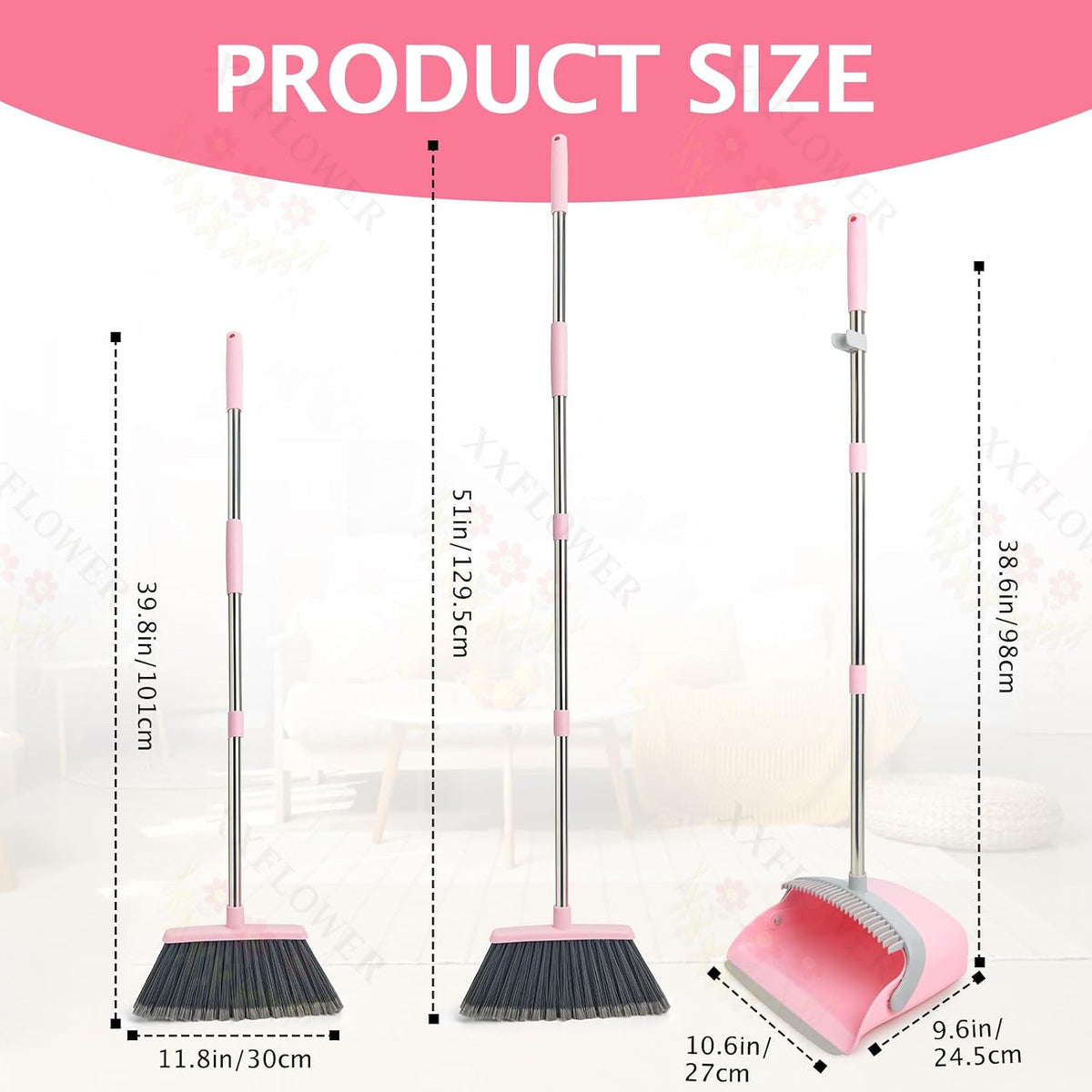 Broom and Dustpan Combo Set,51" Long Handle,Gray Pink