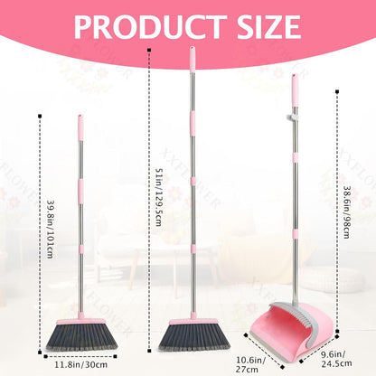 Broom and Dustpan Combo Set,51" Long Handle,Gray Pink